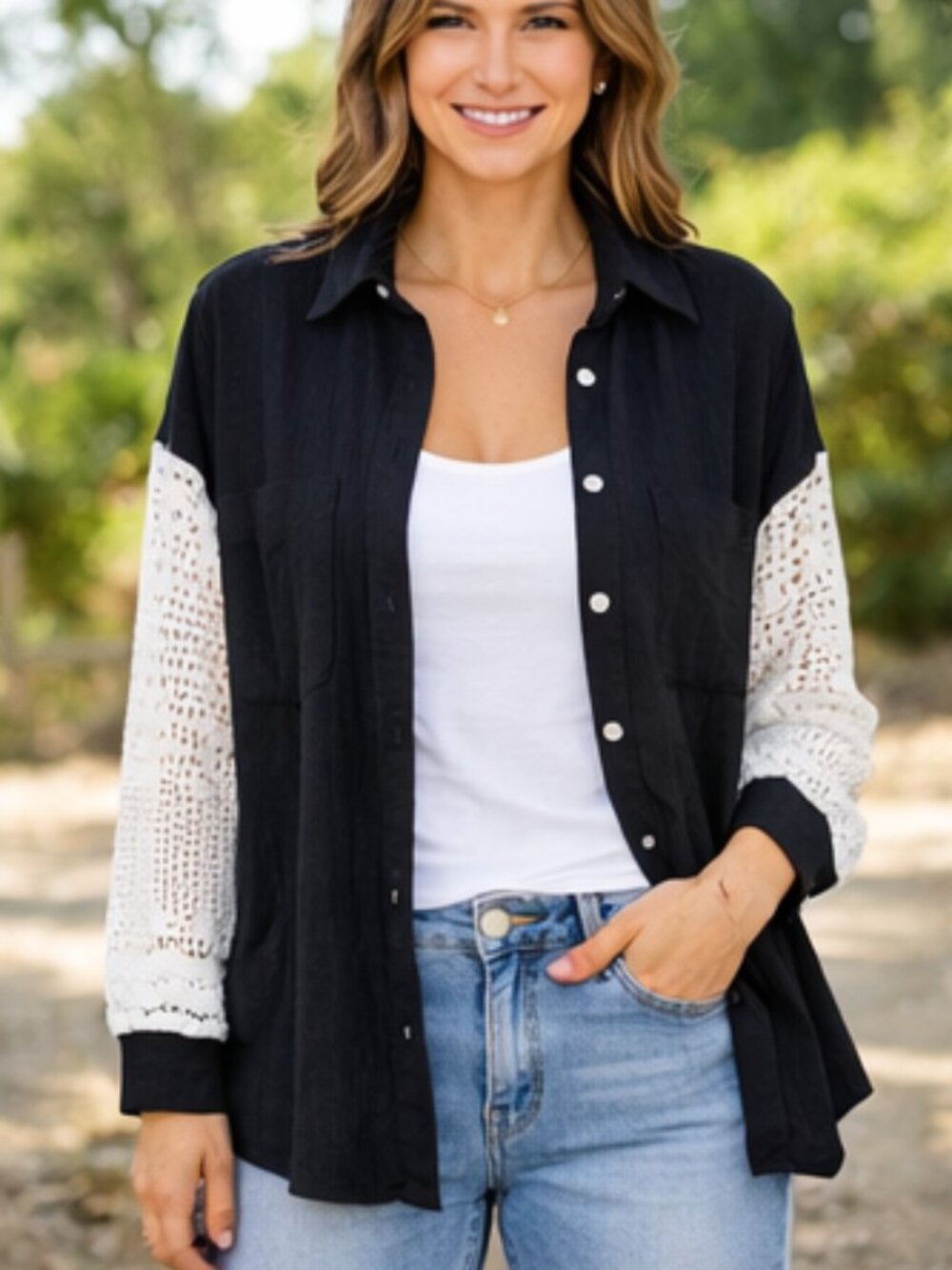 Miss Sparkling Black Gauze Button-Up Shirt – White Knit Sleeves – Large -- NWOT